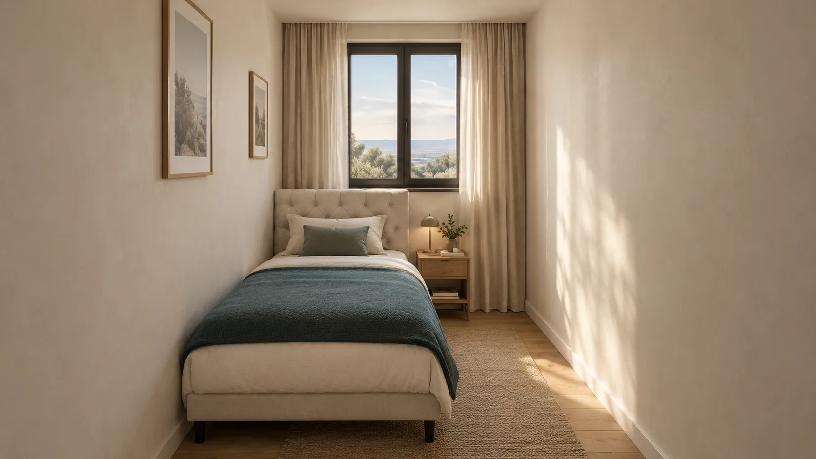 Second bedroom with sheer curtains and an olive tree
