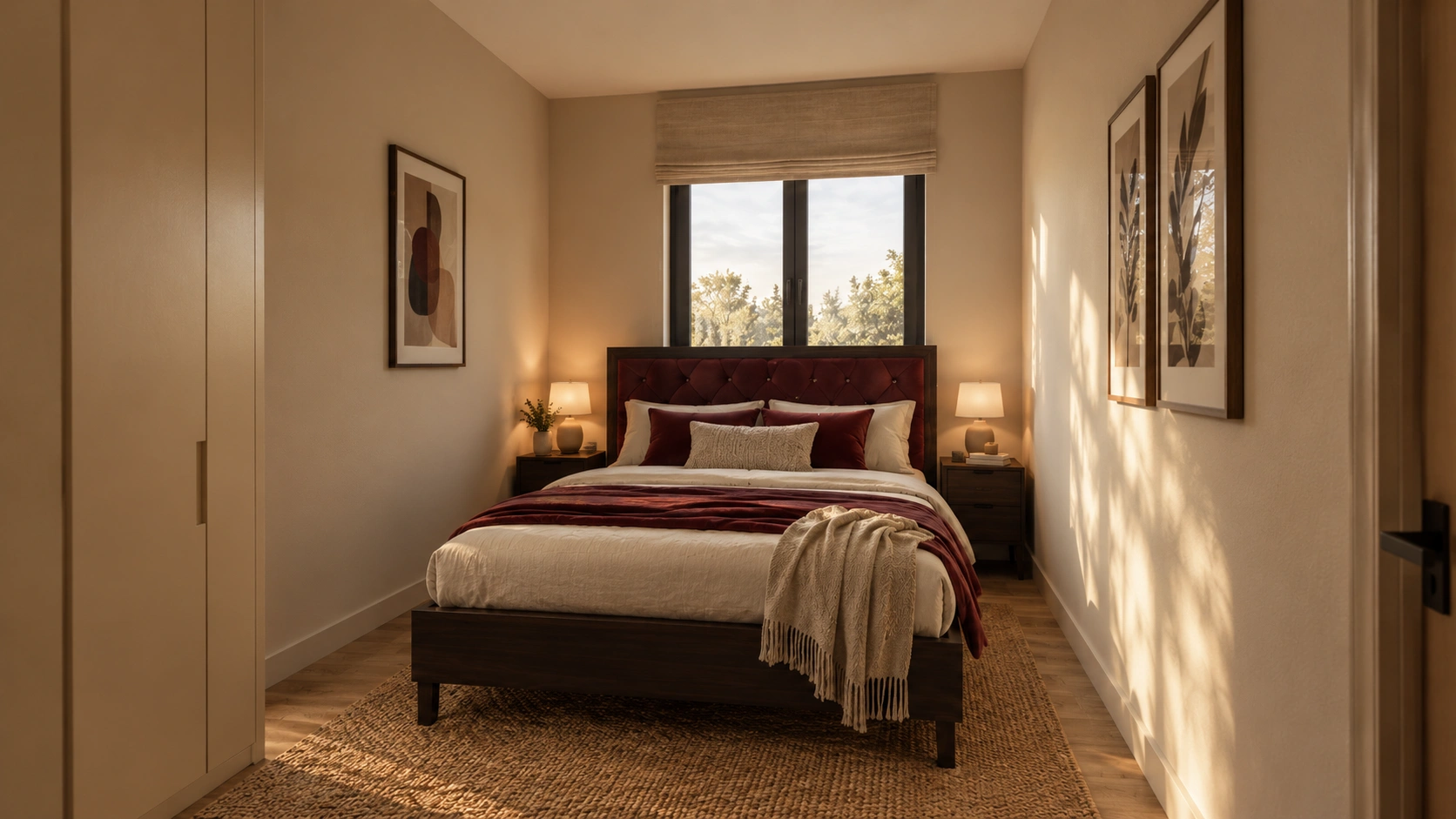 Bedroom with a deep red headboard and a window onto the trees