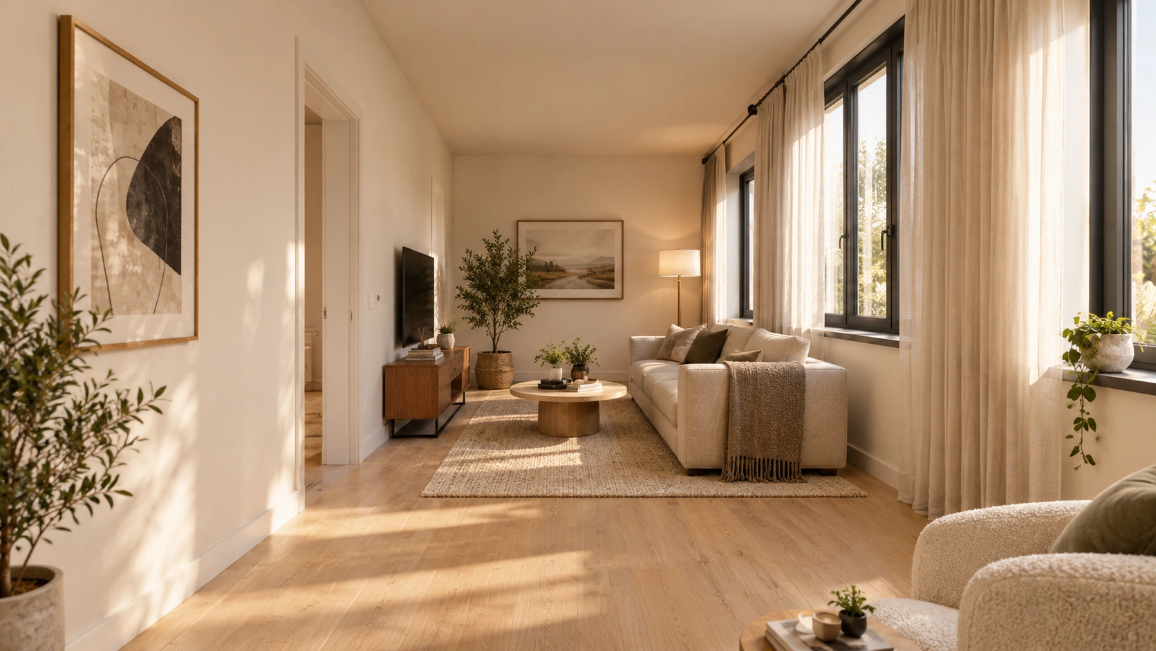 Sunlit living area with a linen sofa and oak floor